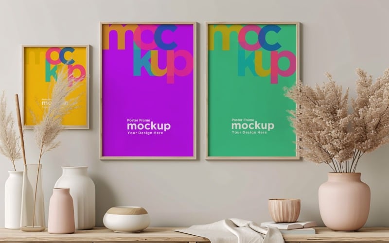 Poster Frame Mockup with Vases and Decorative Items 10 Product Mockup