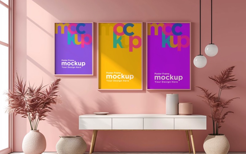 Poster Frame Mockup with Vases and Decorative Items Product Mockup