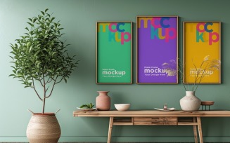 Poster Frame Mockup with vases on a green wall 03