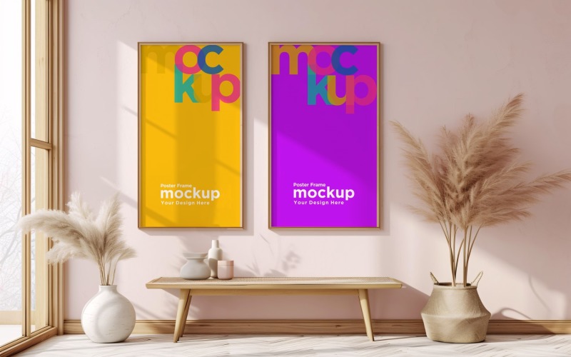 Poster Frame Mockup with vases on a grey wall background Product Mockup
