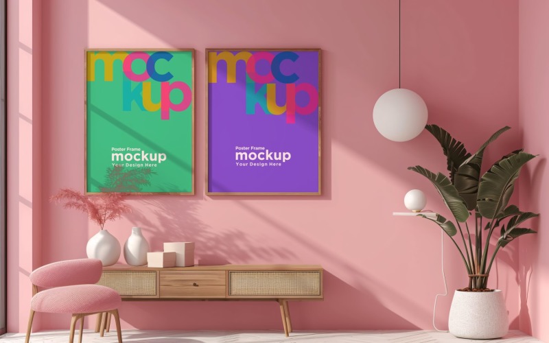 Poster Frame Mockup with vases on a pink wall background 01 Product Mockup