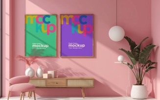 Poster Frame Mockup with vases on a pink wall background 01