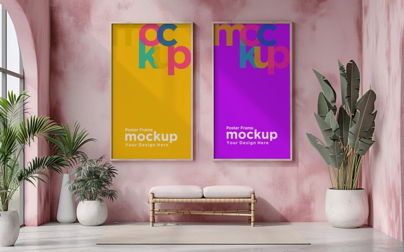 Poster Frame Mockup with vases on a pink wall background 02 Product Mockup