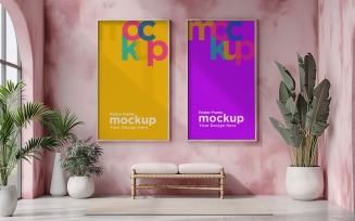 Poster Frame Mockup with vases on a pink wall background 02