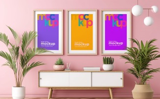 Poster Frame Mockup with vases on a pink wall background