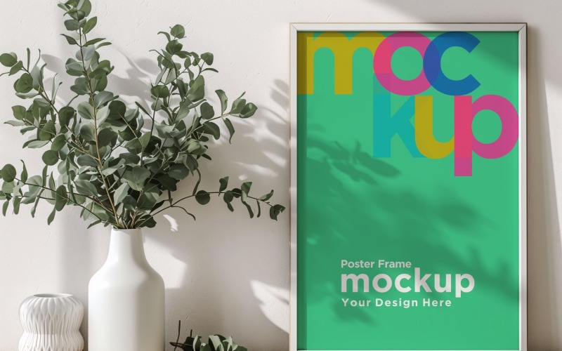 Poster Frame Mockup with Vases on the Shelf 05 Product Mockup