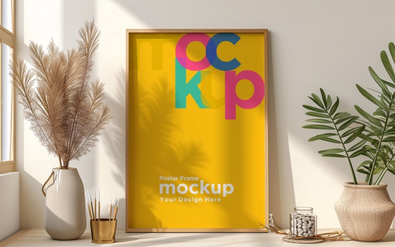 Poster Frame Mockup with Vases on the Shelf 07 Product Mockup