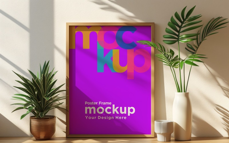 Poster Frame Mockup with Vases on the Shelf Product Mockup