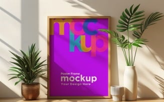 Poster Frame Mockup with Vases on the Shelf