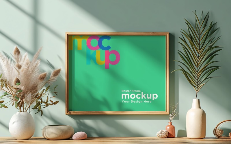 Frame Mockup with Vases and Decorative Items on the Shelf 30 Product Mockup
