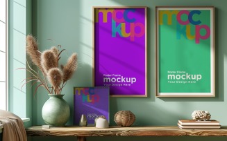 Poster Frame Mockup with a vase and books on the shelf 31