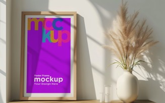 Poster Frame Mockup with a vases and candles on the table 38