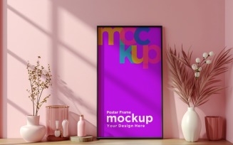 Poster Frame Mockup with a vases on the shelf 03