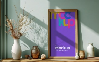 Poster Frame Mockup with a vases on the shelf 06