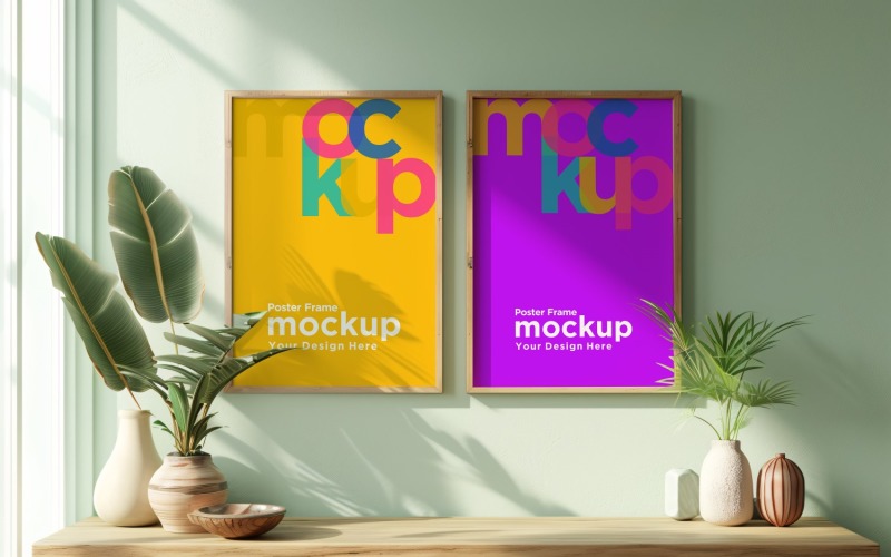 Poster Frame Mockup with a vases on the table 36 Product Mockup
