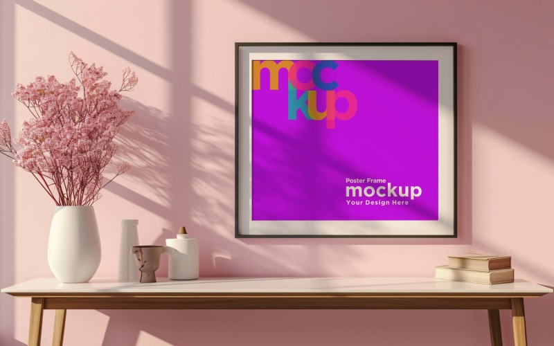 Poster Frame Mockup with vases and books on a pink wall Product Mockup