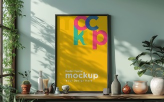 Poster Frame Mockup with Vases and Decorative Items 16