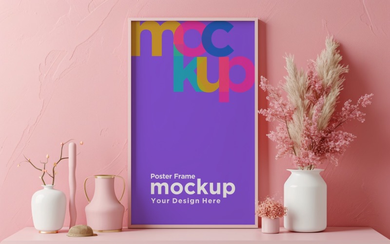 Poster Frame Mockup with Vases and Decorative Items 27 Product Mockup