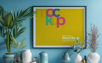 Poster Frame Mockup with Vases and Decorative Items on shelf 13