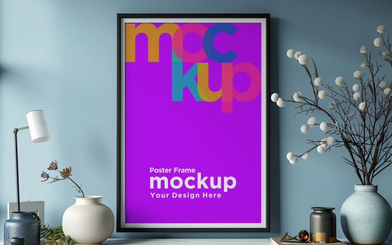 Poster Frame Mockup with Vases and Decorative Items on shelf 14 Product Mockup