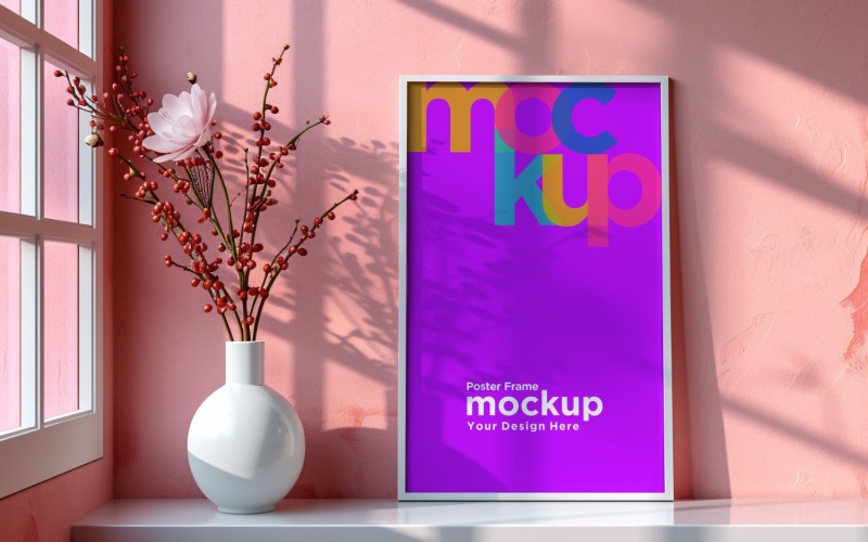 Poster Frame Mockup with vases on a pink wall background 03 Product Mockup