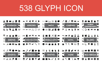 538 Conjunto de ícones de glifo com 15 categorias diferentes