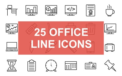 25 Office Line Siyah Simge Seti