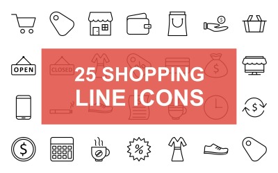 25 winkelen lijn zwarte pictogramserie