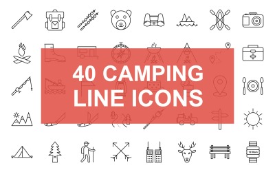 40 Camping Line Black Icon Set