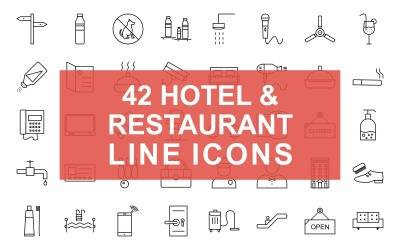 42 Отель и ресторан Line Black Icon Set