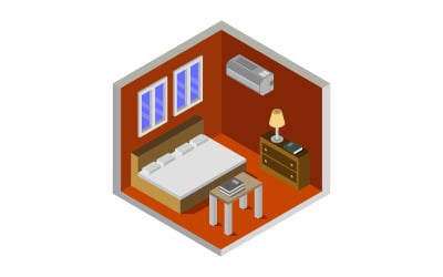 Pokoj s izometrickou postelí na pozadí - vektorový obrázek