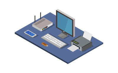 Isometric Office Desk on White Background - Vector Image