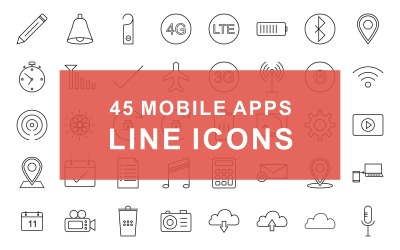 Conjunto de ícones pretos de linha de aplicativos móveis