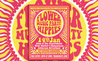 Cartel de volante de fiesta de música hippies - Plantilla de identidad corporativa