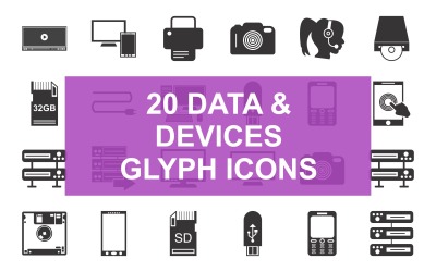 Conjunto de iconos de glifos de datos y dispositivos