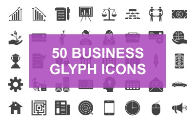 Conjunto de 50 ícones de glifo preto de negócios