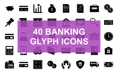 40 Conjunto de ícones pretos de glifo bancário