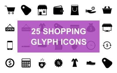 25 Conjunto de ícones pretos de glifo de compras