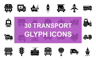 30 Ensemble d&amp;#39;icônes noires de glyphe de transport