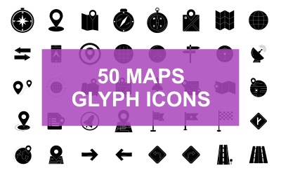 50 kartor och plats Glyph Black Icon Set