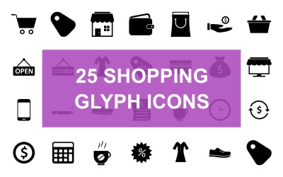 25 Shopping Glyph fekete ikonkészlet
