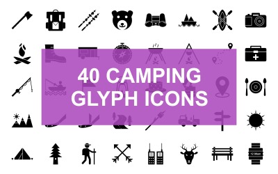 Camping glifów czarny zestaw ikon