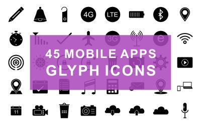 Icono de conjunto de glifo negro de aplicaciones móviles