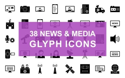 Icona stabilita del glifo di notizie e media nero