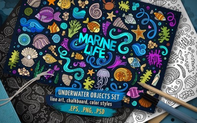 Ensemble d&amp;#39;objets et d&amp;#39;éléments de la vie sous-marine - Image vectorielle
