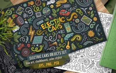 Conjunto de objetos e elementos de carros elétricos - imagem vetorial