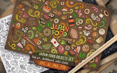 Conjunto de símbolos y objetos de alimentos de Japón - Imagen vectorial