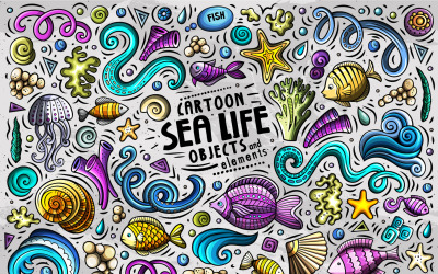 Deniz Yaşamı Karikatür Doodle Nesneleri Seti - Vektör Görüntü