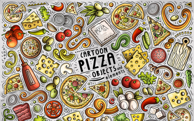 Ensemble d&amp;#39;objets de dessin animé de pizza Doodle - Image vectorielle