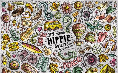 Ensemble d&amp;#39;objets de dessin animé hippie Doodle - Image vectorielle